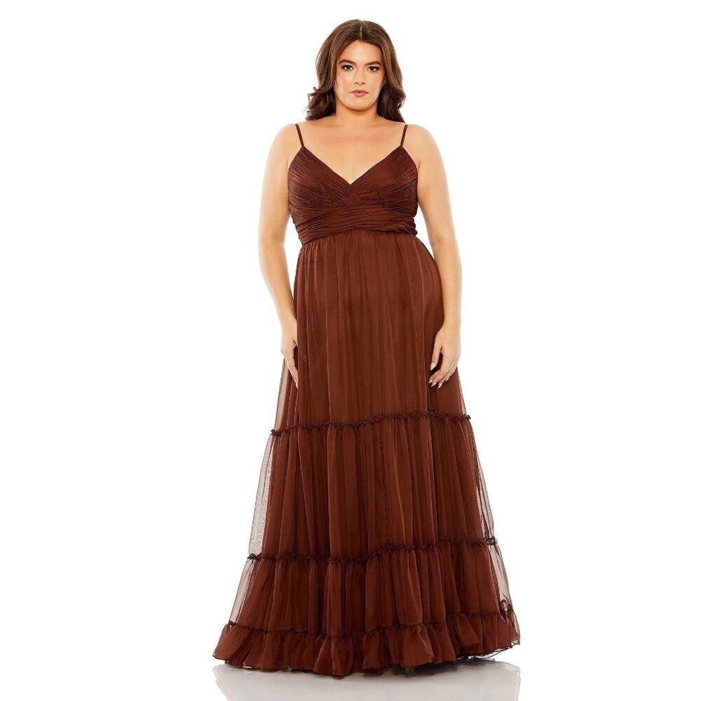 NWT Mac Duggal Tiered V-Neckline Ruched Gown Chocolate 14W
